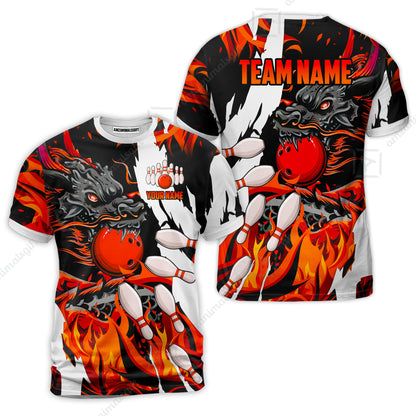 Custom Bowling Team T-Shirt, Bowling uniforms Ball & Pins Dragon Flame Pattern Personalized Name And Team Name