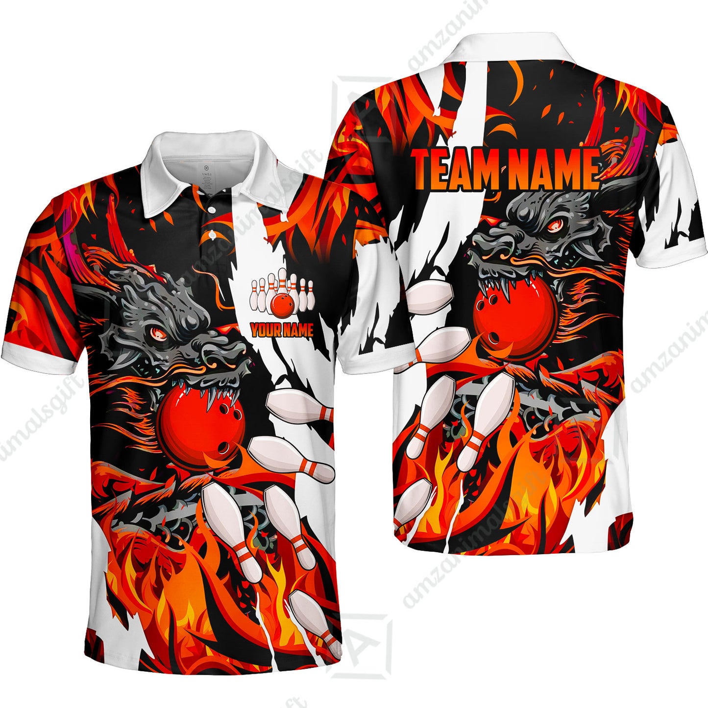 Custom Bowling Team Unisex Polo Shirt, Bowling uniforms Ball & Pins Dragon Flame Pattern Personalized Name And Team Name