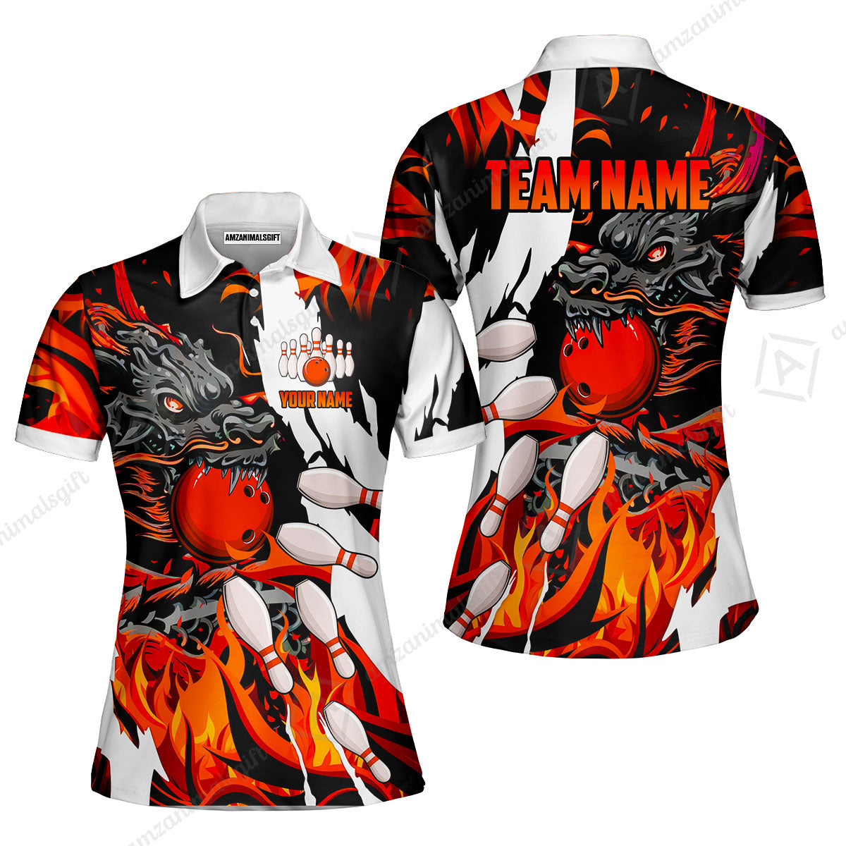 Custom Bowling Team Women Polo Shirt, Bowling uniforms Ball & Pins Dragon Flame Pattern Personalized Name And Team Name