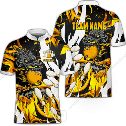 Custom Bowling Team Bowling Jersey, Bowling uniforms Ball & Pins Dragon Flame Pattern Personalized Name And Team Name