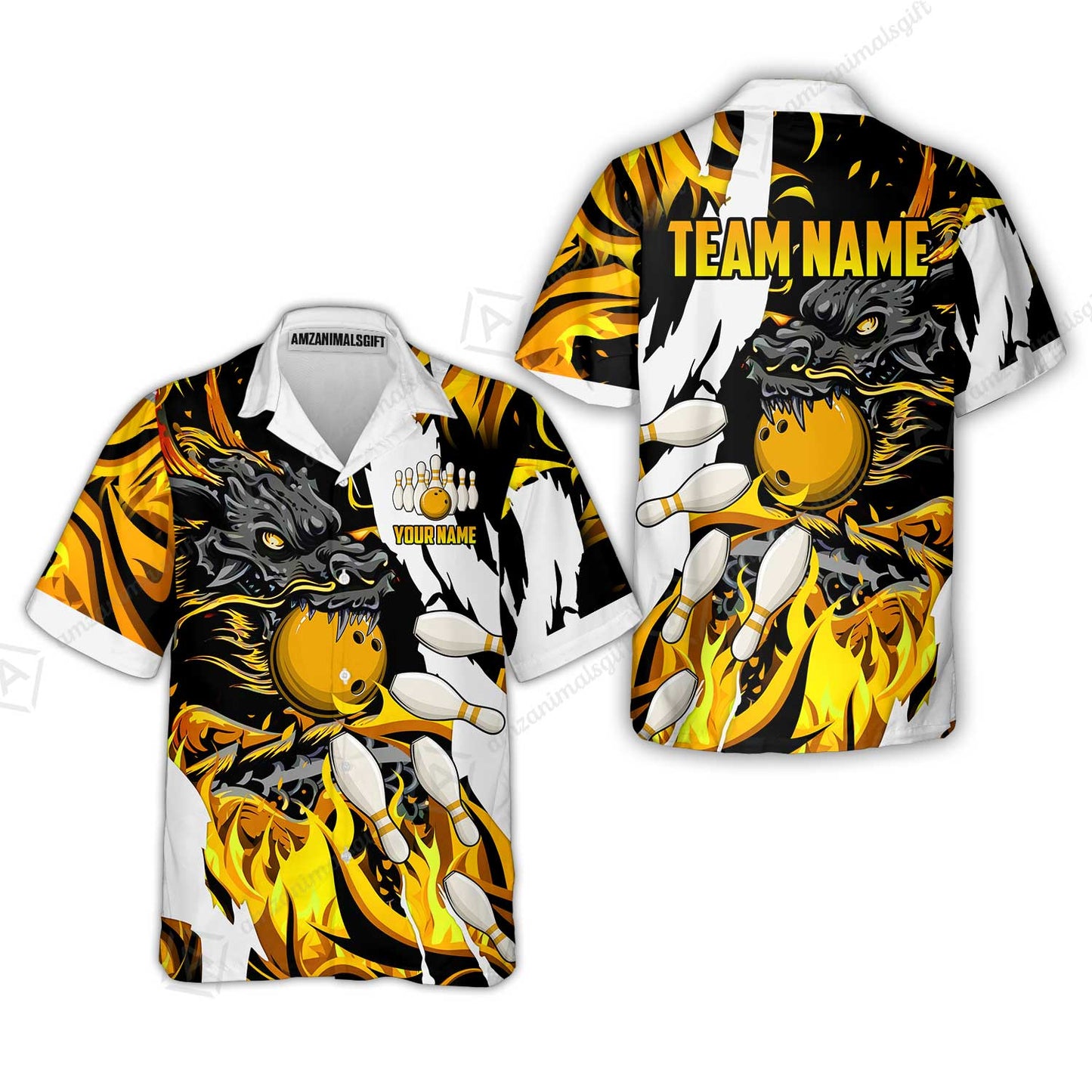 Custom Bowling Team Hawaiian Shirt, Bowling uniforms Ball & Pins Dragon Flame Pattern Personalized Name And Team Name