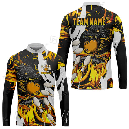 Custom Bowling Team Long Sleeve Jeysey Shirt, Bowling uniforms Ball & Pins Dragon Flame Pattern Personalized Name And Team Name