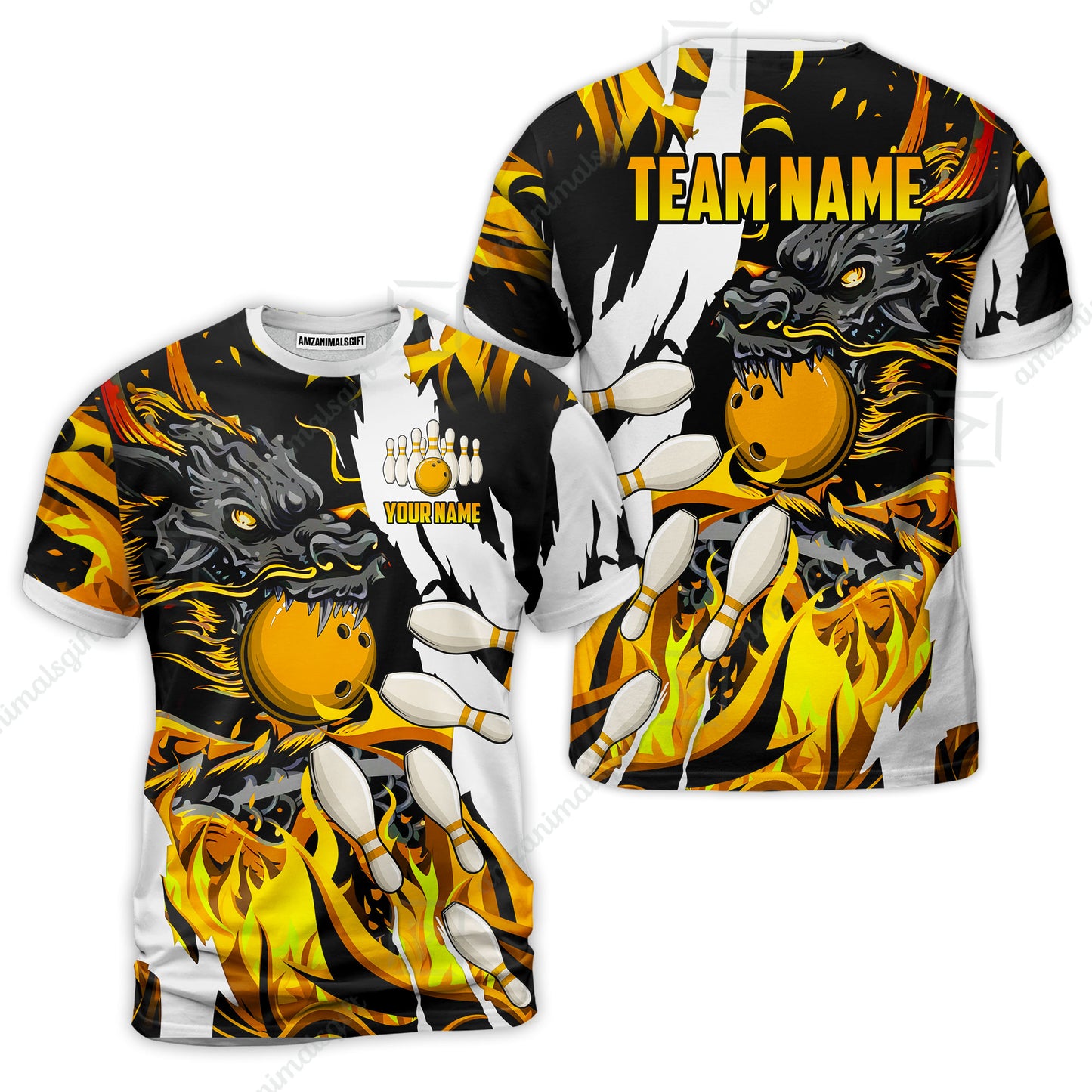 Custom Bowling Team T-Shirt, Bowling uniforms Ball & Pins Dragon Flame Pattern Personalized Name And Team Name