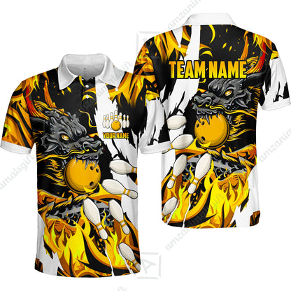 Custom Bowling Team Unisex Polo Shirt, Bowling uniforms Ball & Pins Dragon Flame Pattern Personalized Name And Team Name
