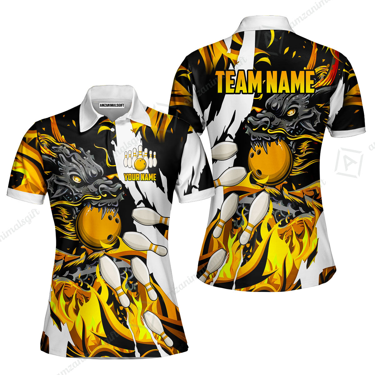 Custom Bowling Team Women Polo Shirt, Bowling uniforms Ball & Pins Dragon Flame Pattern Personalized Name And Team Name