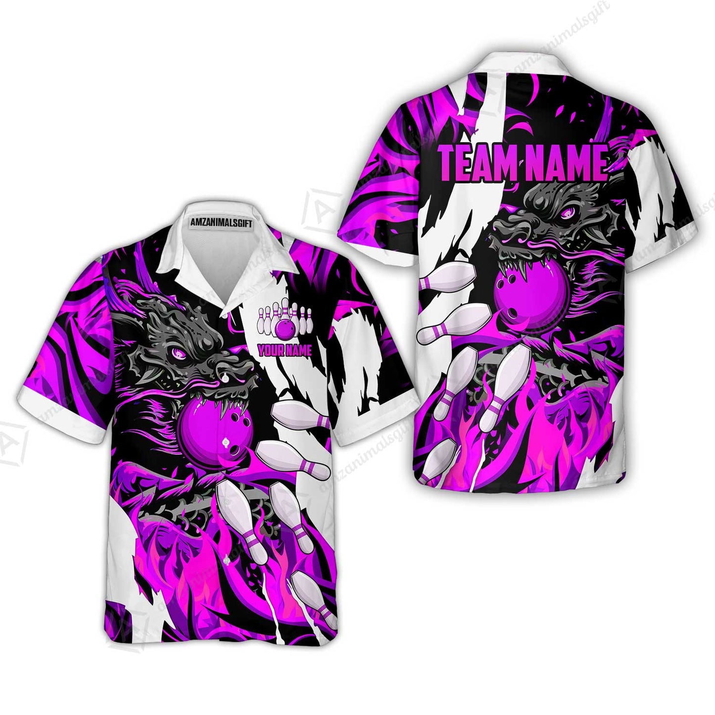 Custom Bowling Team Hawaiian Shirt, Bowling uniforms Ball & Pins Dragon Flame Pattern Personalized Name And Team Name