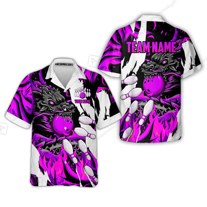 Custom Bowling Team Hawaiian Shirt, Bowling uniforms Ball & Pins Dragon Flame Pattern Personalized Name And Team Name