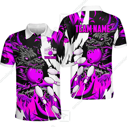 Custom Bowling Team Quater-Zip Polo Shirt, Bowling uniforms Ball & Pins Dragon Flame Pattern Personalized Name And Team Name