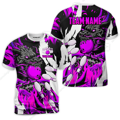 Custom Bowling Team T-Shirt, Bowling uniforms Ball & Pins Dragon Flame Pattern Personalized Name And Team Name