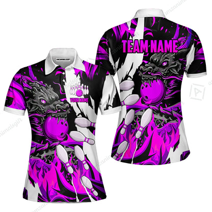 Custom Bowling Team Women Polo Shirt, Bowling uniforms Ball & Pins Dragon Flame Pattern Personalized Name And Team Name