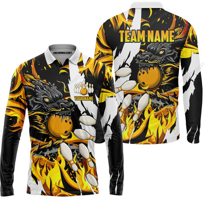 Custom Bowling Team Long Sleeve Polo Shirt, Bowling uniforms Ball & Pins Dragon Flame Pattern Personalized Name And Team Name
