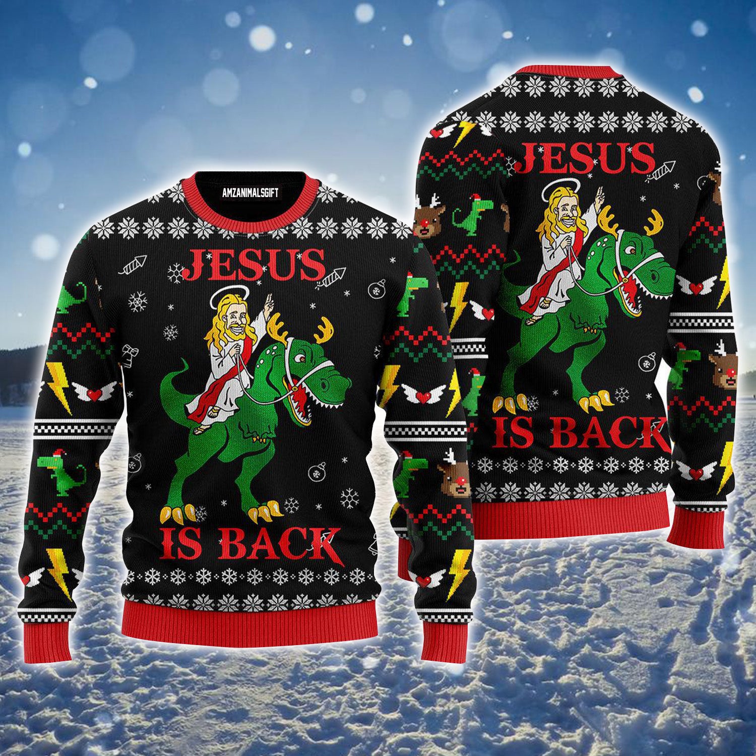 Jesus Ride Dinosaur Jurassic Park Ugly Christmas Sweater For Men & Women, Perfect Outfit For Christmas New Year Autumn Winter