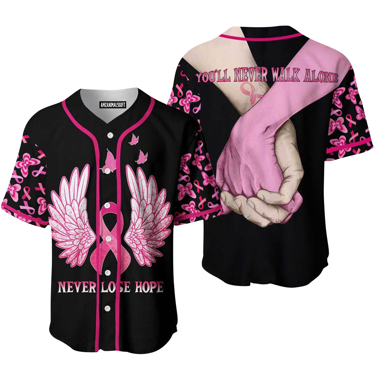 Breast Cancer Never Lose Hope Angel Wings Baseball Jersey, Perfect Outfit For Men And Women On Breast Cancer Survivors Baseball Team Baseball Fans