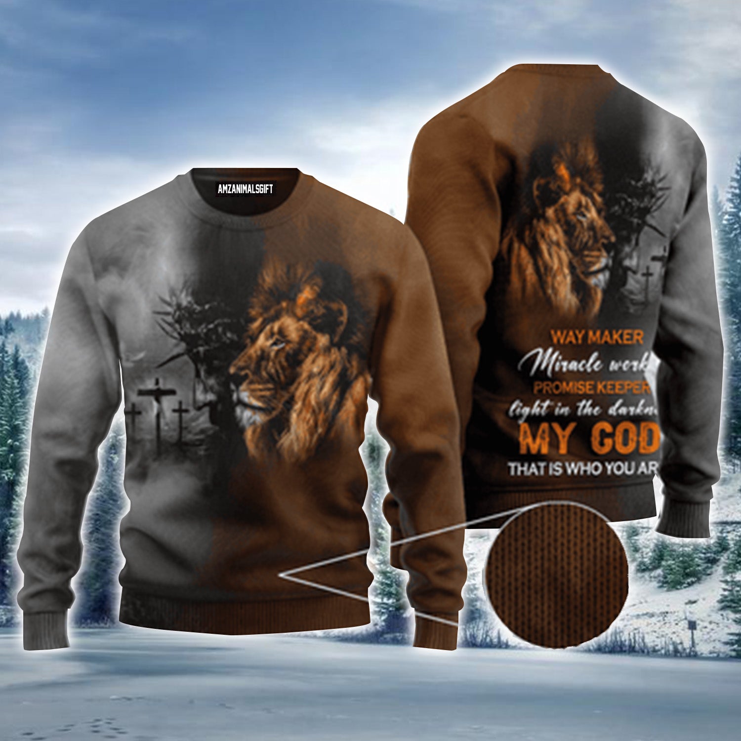 Brown Grey Lion Jesus Cross Way Maker Miracle Worker Urly Sweater, Christmas Sweater For Men & Women - Perfect Gift For New Year, Winter, Christmas
