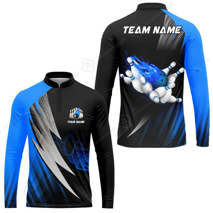 Customized Bowling Long Sleeve Jersey, Bowling Ball And Pins Thunder Polka Dot Motifs Multicolor Option Customized Name And Team Polo Shirts