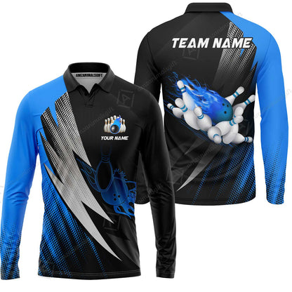 Customized Bowling Long Sleeve Polo Shirt, Bowling Ball And Pins Thunder Polka Dot Motifs Multicolor Option Customized Name And Team Polo Shirts