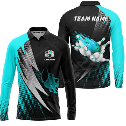 Customized Bowling Long Sleeve Polo Shirt, Bowling Ball And Pins Thunder Polka Dot Motifs Multicolor Option Customized Name And Team Polo Shirts