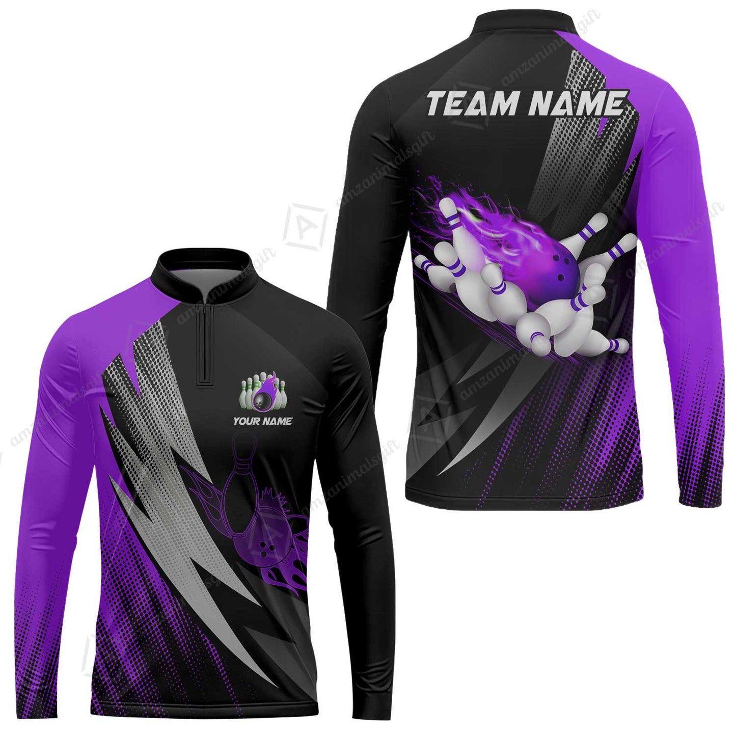 Customized Bowling Long Sleeve Jersey, Bowling Ball And Pins Thunder Polka Dot Motifs Multicolor Option Customized Name And Team Polo Shirts