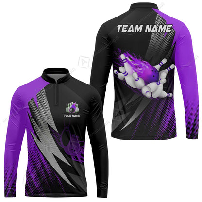 Customized Bowling Long Sleeve Jersey, Bowling Ball And Pins Thunder Polka Dot Motifs Multicolor Option Customized Name And Team Polo Shirts