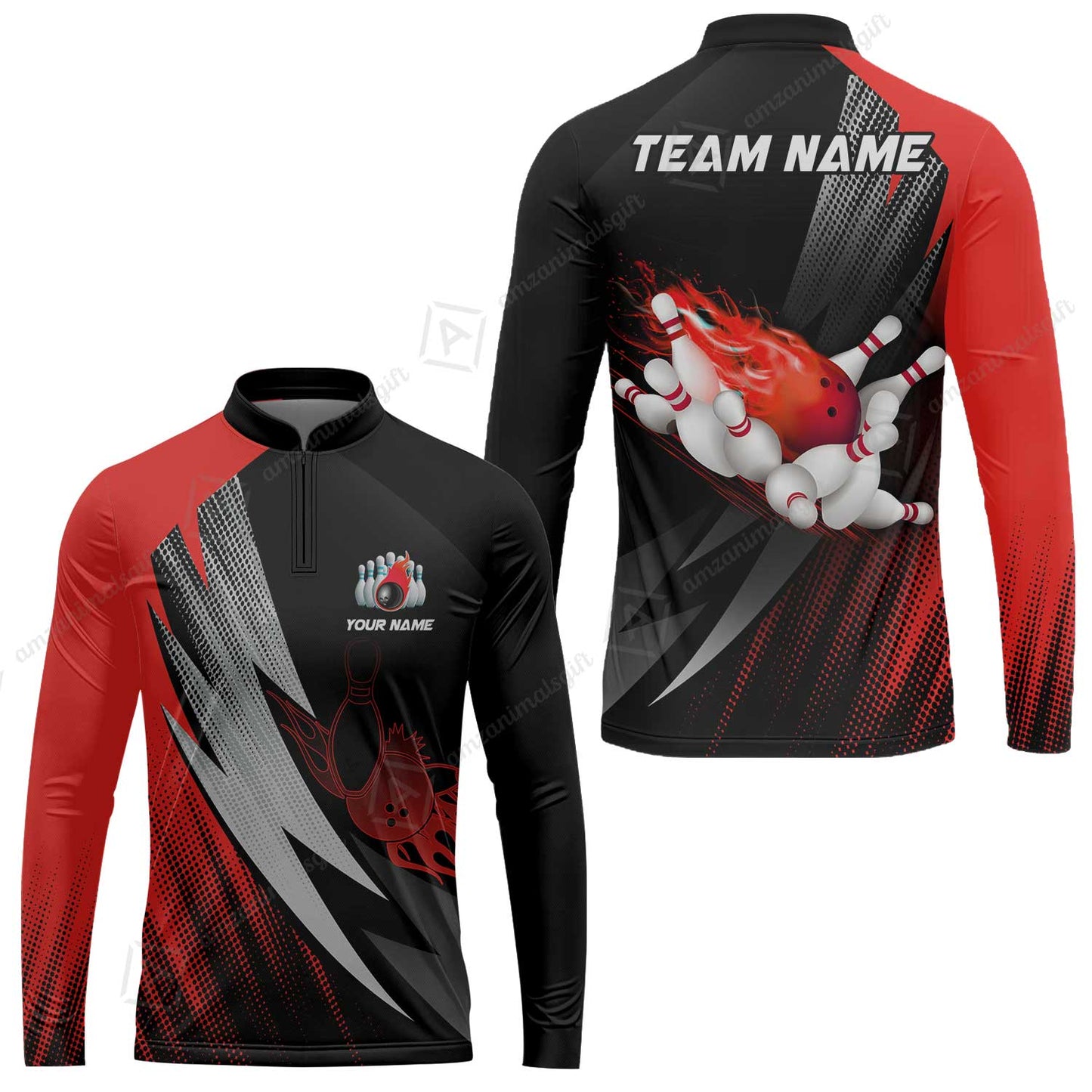 Customized Bowling Long Sleeve Jersey, Bowling Ball And Pins Thunder Polka Dot Motifs Multicolor Option Customized Name And Team Polo Shirts