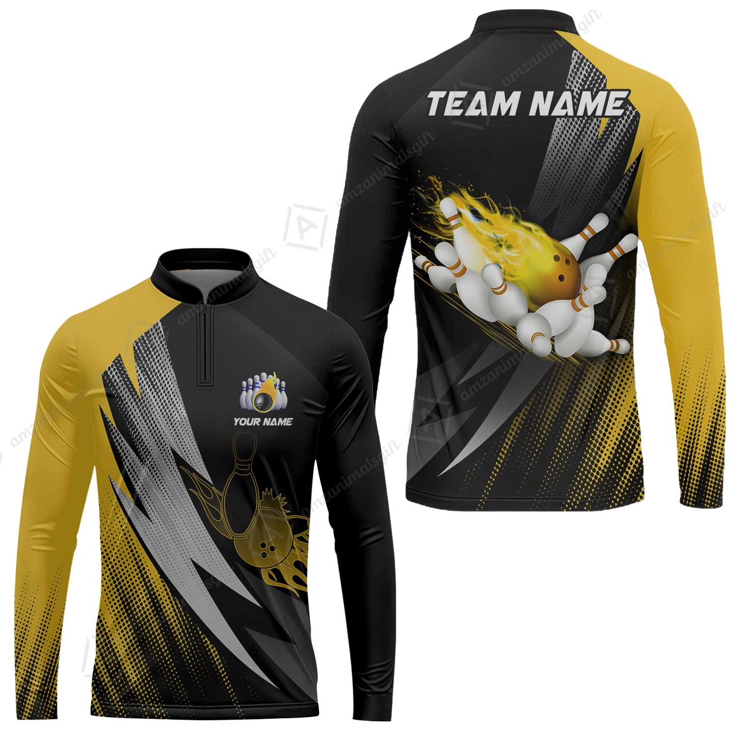 Customized Bowling Long Sleeve Jersey, Bowling Ball And Pins Thunder Polka Dot Motifs Multicolor Option Customized Name And Team Polo Shirts