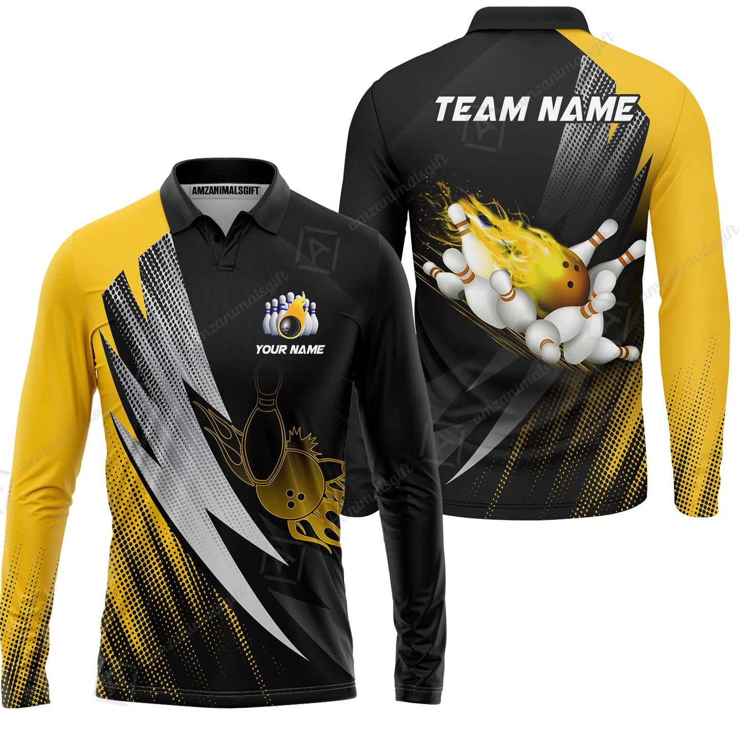 Customized Bowling Long Sleeve Polo Shirt, Bowling Ball And Pins Thunder Polka Dot Motifs Multicolor Option Customized Name And Team Polo Shirts