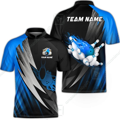 Customized Bowling Jersey, Bowling Ball And Pins Thunder Polka Dot Motifs Multicolor Option Customized Name And Team Polo Shirts