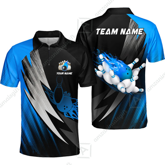Customized Bowling Quater-Zip Polo Shirt, Bowling Ball And Pins Thunder Polka Dot Motifs Multicolor Option Customized Name And Team Polo Shirts