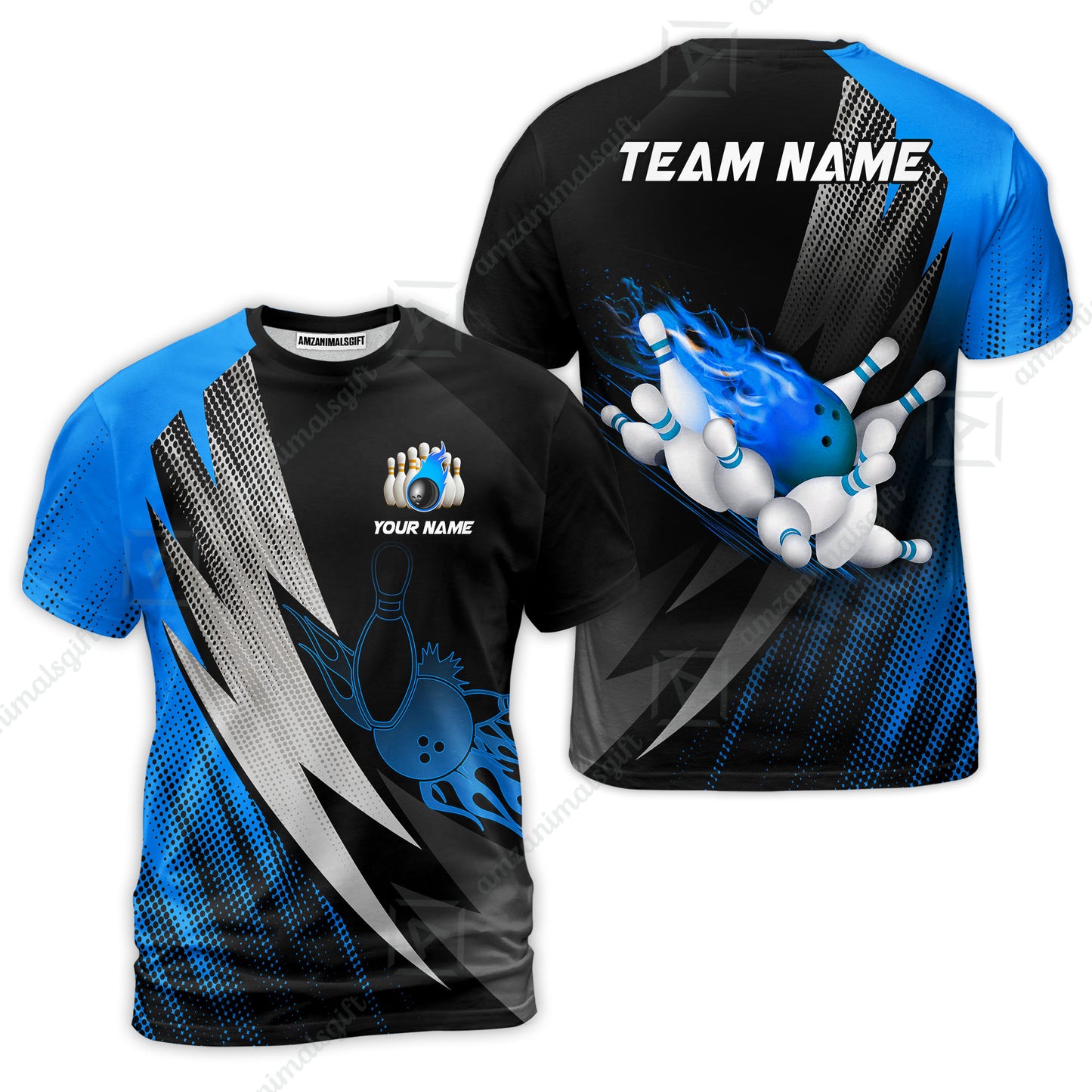 Customized Bowling T-Shirt, Bowling Ball And Pins Thunder Polka Dot Motifs Multicolor Option Customized Name And Team Polo Shirts