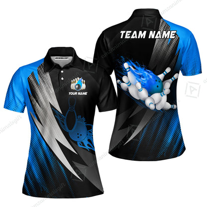 Customized Bowling Women Polo Shirt, Bowling Ball And Pins Thunder Polka Dot Motifs Multicolor Option Customized Name And Team Polo Shirts