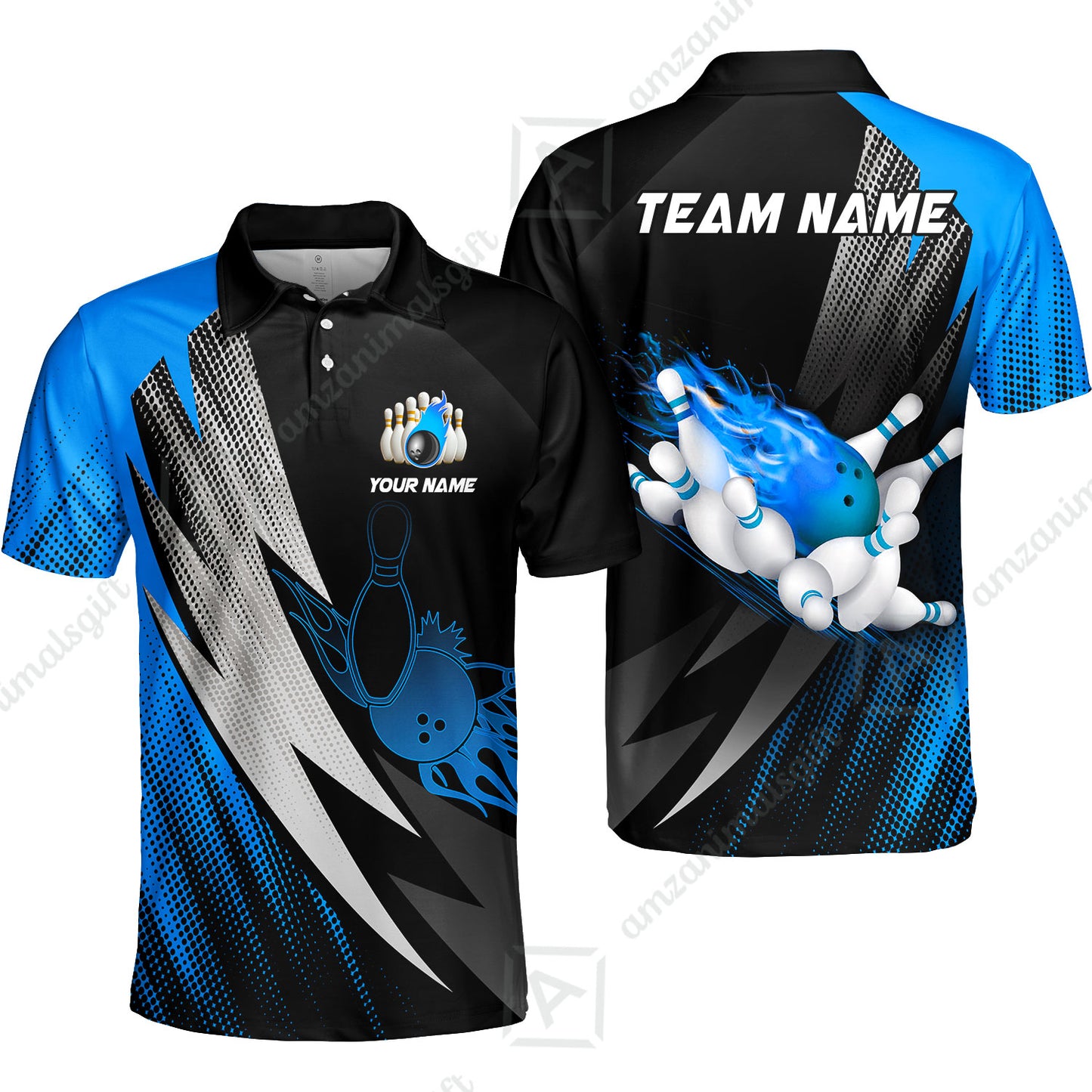 Customized Bowling Unisex Polo Shirt, Bowling Ball And Pins Thunder Polka Dot Motifs Multicolor Option Customized Name And Team Polo Shirts