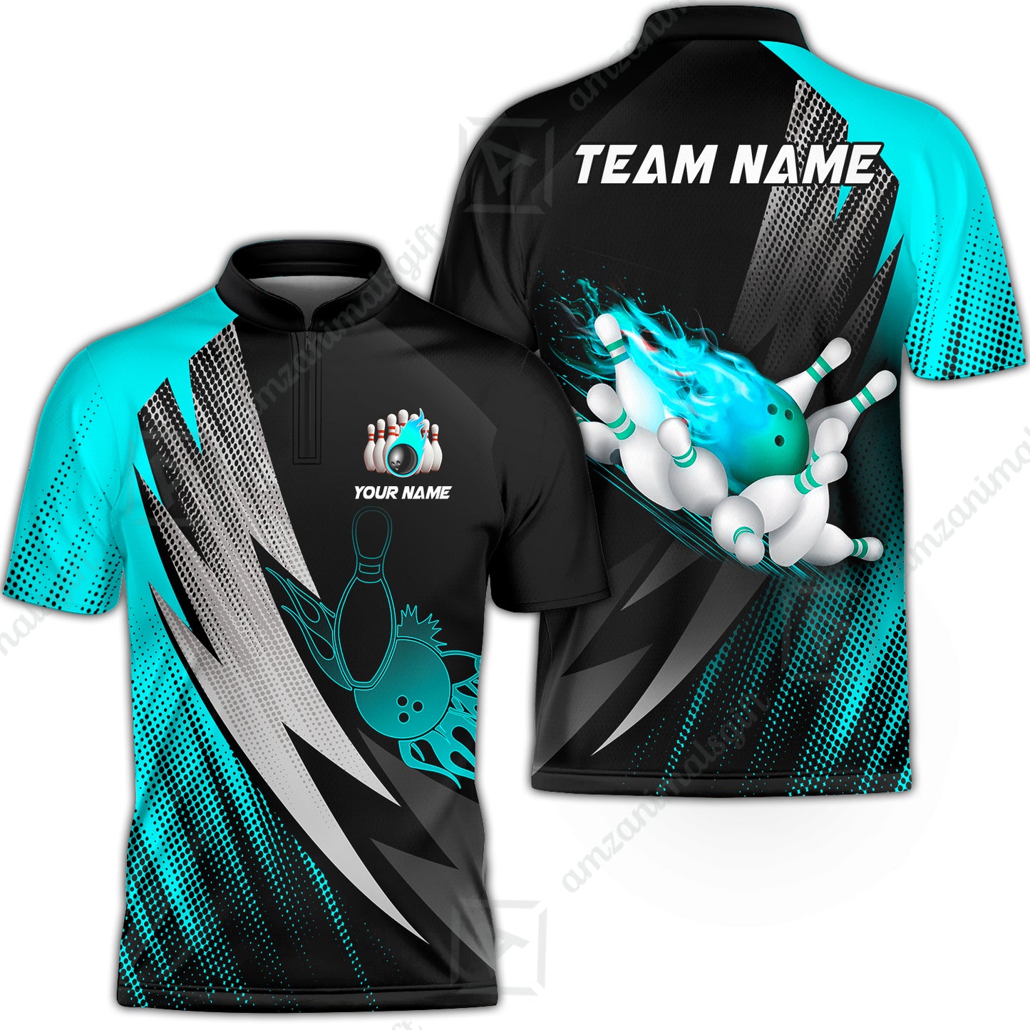 Customized Bowling Jersey, Bowling Ball And Pins Thunder Polka Dot Motifs Multicolor Option Customized Name And Team Polo Shirts