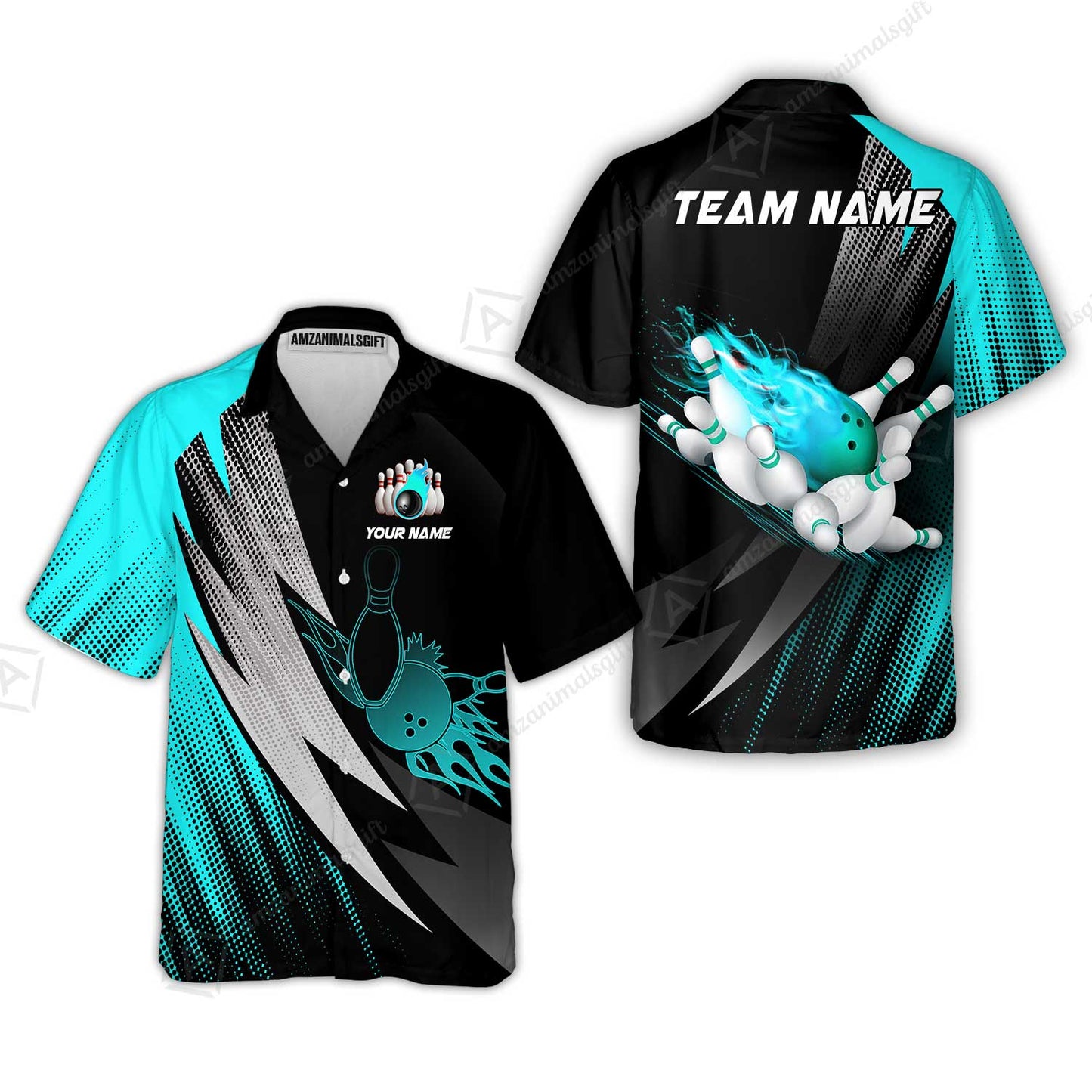 Customized Bowling Hawaiian Shirt, Bowling Ball And Pins Thunder Polka Dot Motifs Multicolor Option Customized Name And Team Polo Shirts