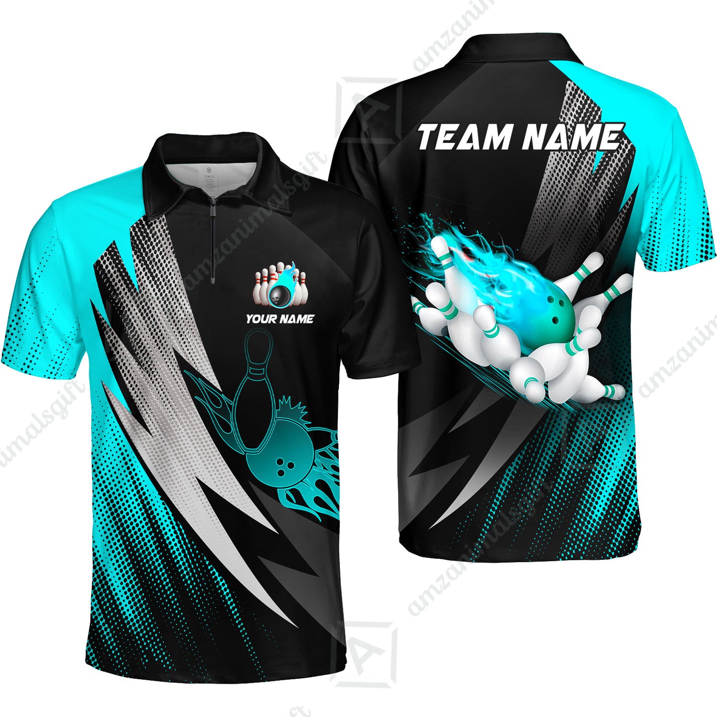 Customized Bowling Quater-Zip Polo Shirt, Bowling Ball And Pins Thunder Polka Dot Motifs Multicolor Option Customized Name And Team Polo Shirts