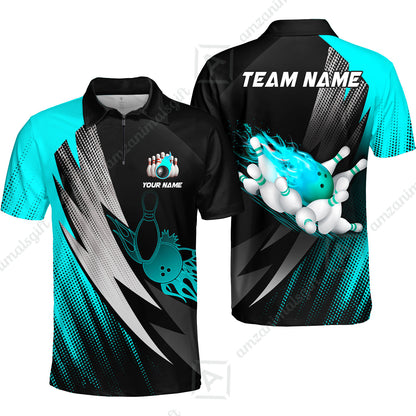 Customized Bowling Quater-Zip Polo Shirt, Bowling Ball And Pins Thunder Polka Dot Motifs Multicolor Option Customized Name And Team Polo Shirts