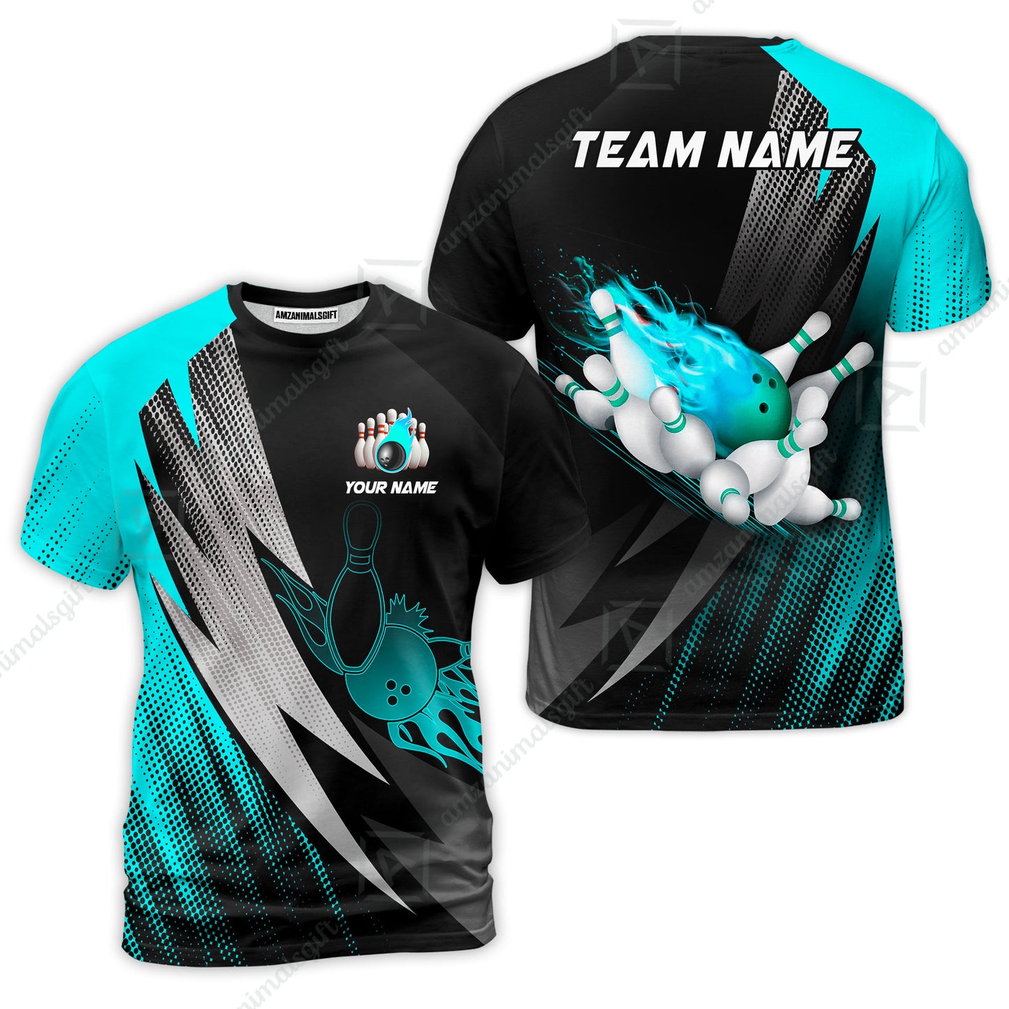 Customized Bowling T-Shirt, Bowling Ball And Pins Thunder Polka Dot Motifs Multicolor Option Customized Name And Team Polo Shirts