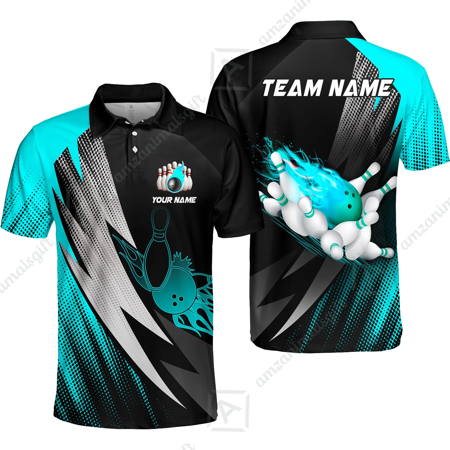 Customized Bowling Unisex Polo Shirt, Bowling Ball And Pins Thunder Polka Dot Motifs Multicolor Option Customized Name And Team Polo Shirts