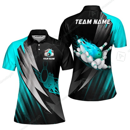 Customized Bowling Women Polo Shirt, Bowling Ball And Pins Thunder Polka Dot Motifs Multicolor Option Customized Name And Team Polo Shirts