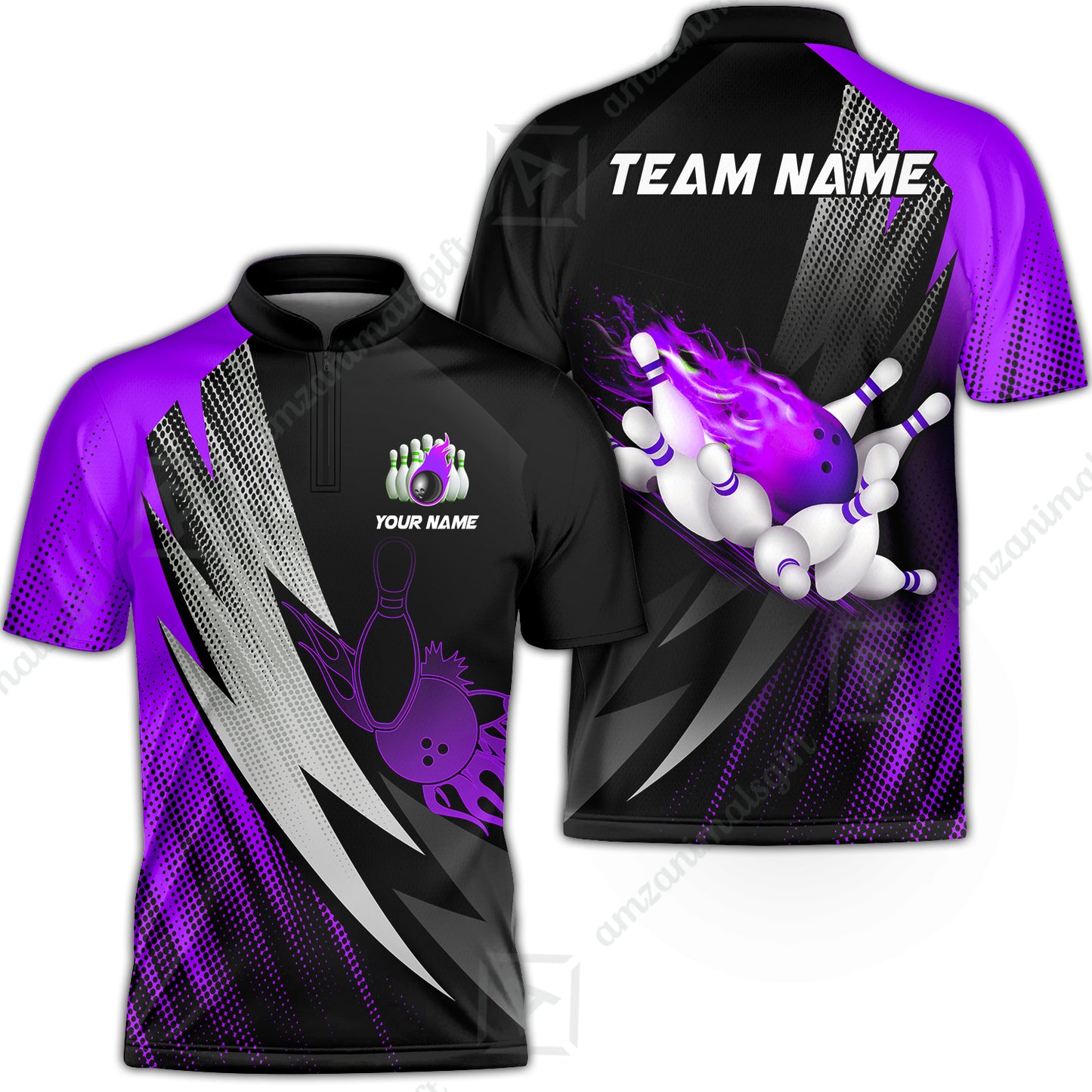 Customized Bowling Jersey, Bowling Ball And Pins Thunder Polka Dot Motifs Multicolor Option Customized Name And Team Polo Shirts