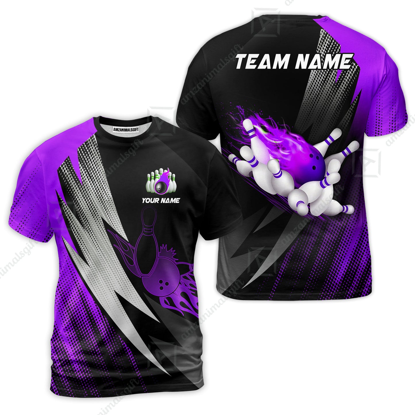 Customized Bowling T-Shirt, Bowling Ball And Pins Thunder Polka Dot Motifs Multicolor Option Customized Name And Team Polo Shirts