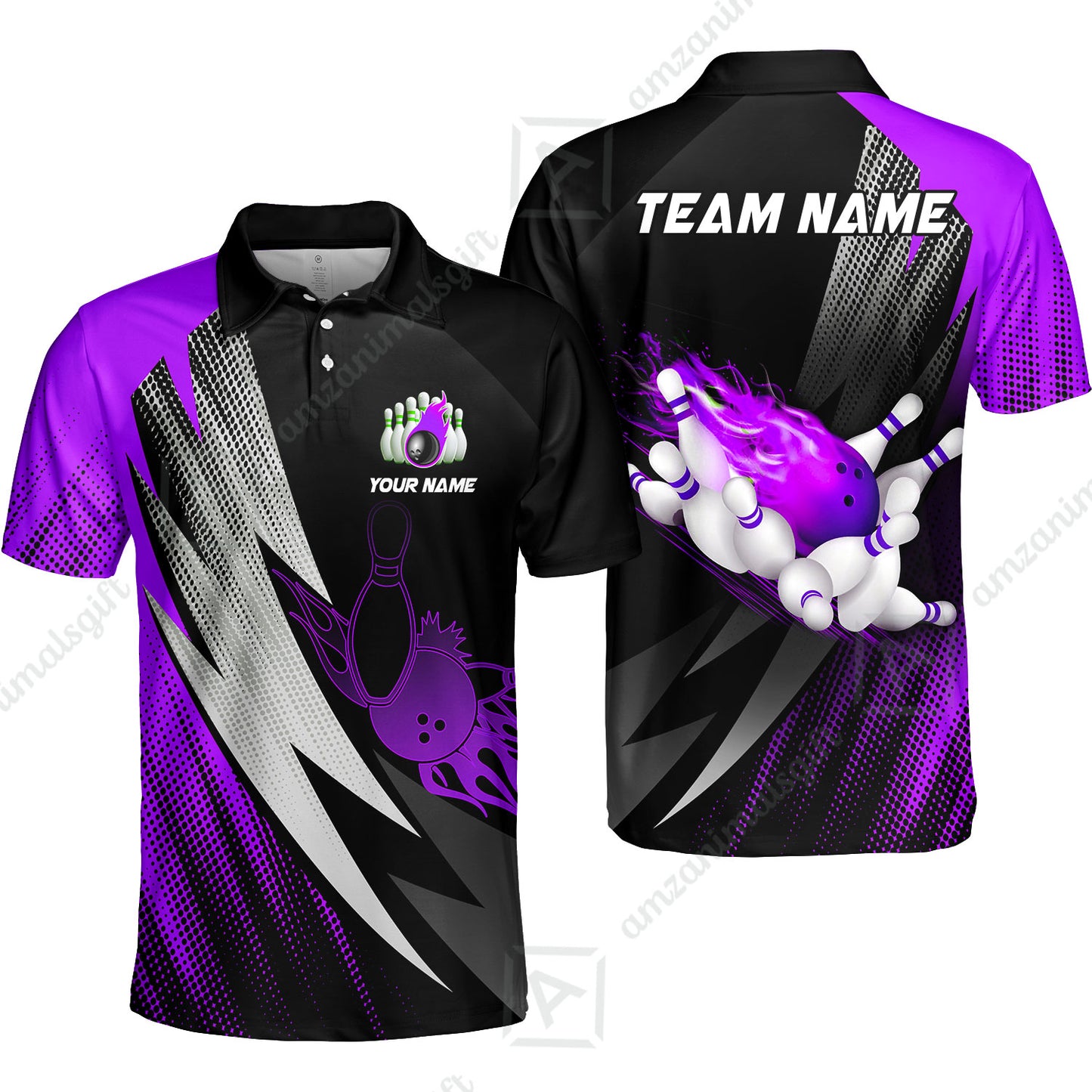 Customized Bowling Unisex Polo Shirt, Bowling Ball And Pins Thunder Polka Dot Motifs Multicolor Option Customized Name And Team Polo Shirts