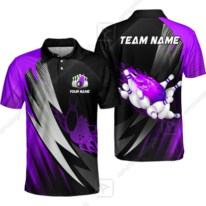 Customized Bowling Unisex Polo Shirt, Bowling Ball And Pins Thunder Polka Dot Motifs Multicolor Option Customized Name And Team Polo Shirts