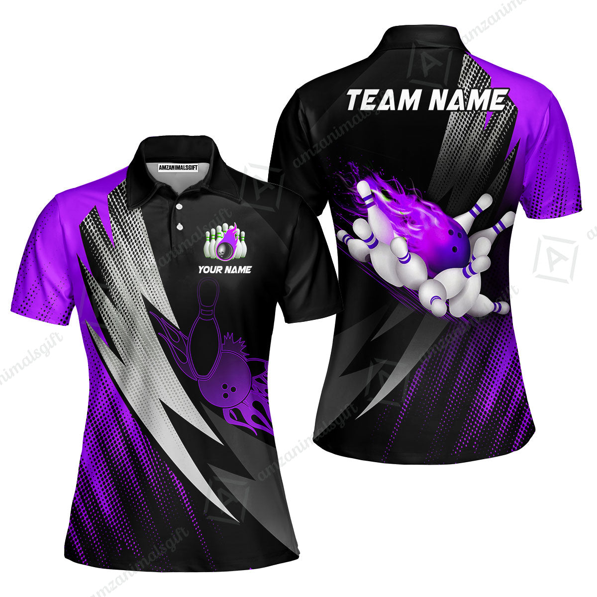 Customized Bowling Women Polo Shirt, Bowling Ball And Pins Thunder Polka Dot Motifs Multicolor Option Customized Name And Team Polo Shirts