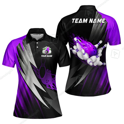 Customized Bowling Women Polo Shirt, Bowling Ball And Pins Thunder Polka Dot Motifs Multicolor Option Customized Name And Team Polo Shirts