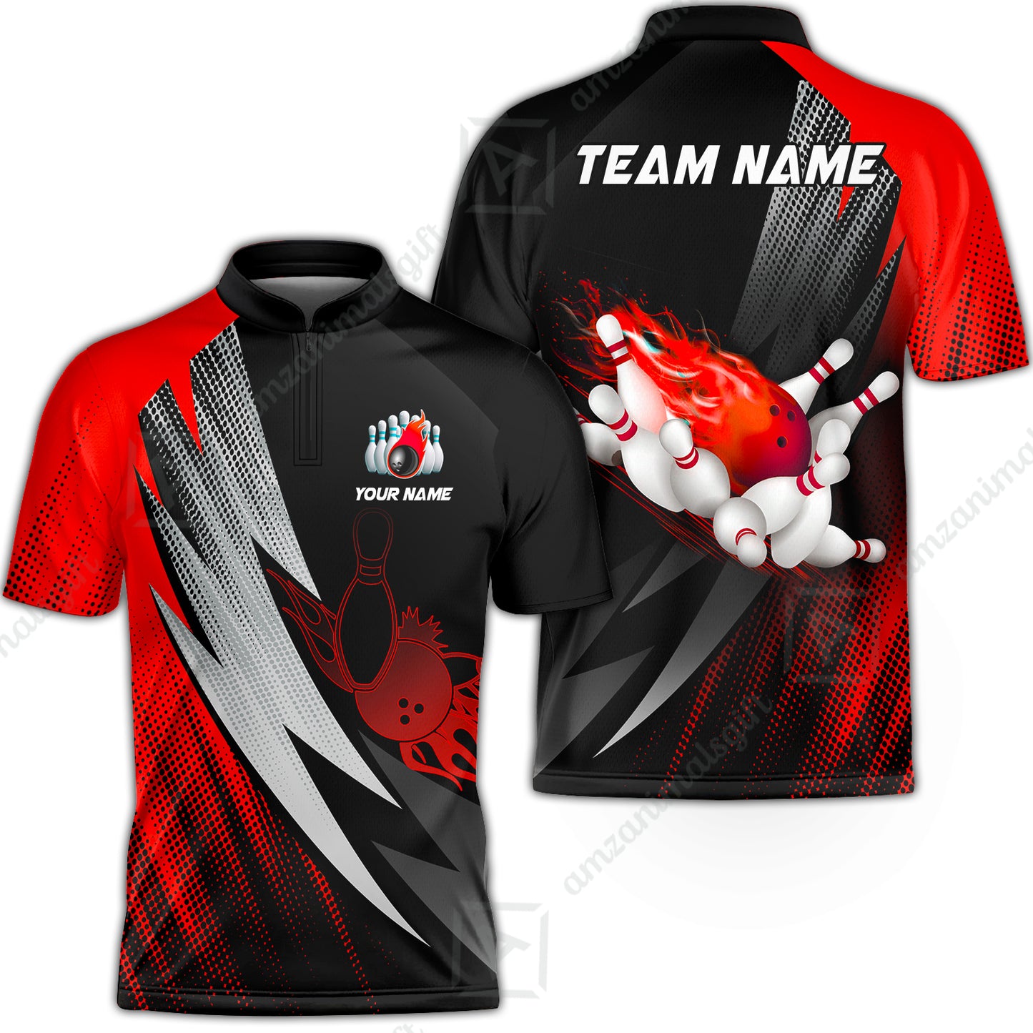 Customized Bowling Jersey, Bowling Ball And Pins Thunder Polka Dot Motifs Multicolor Option Customized Name And Team Polo Shirts