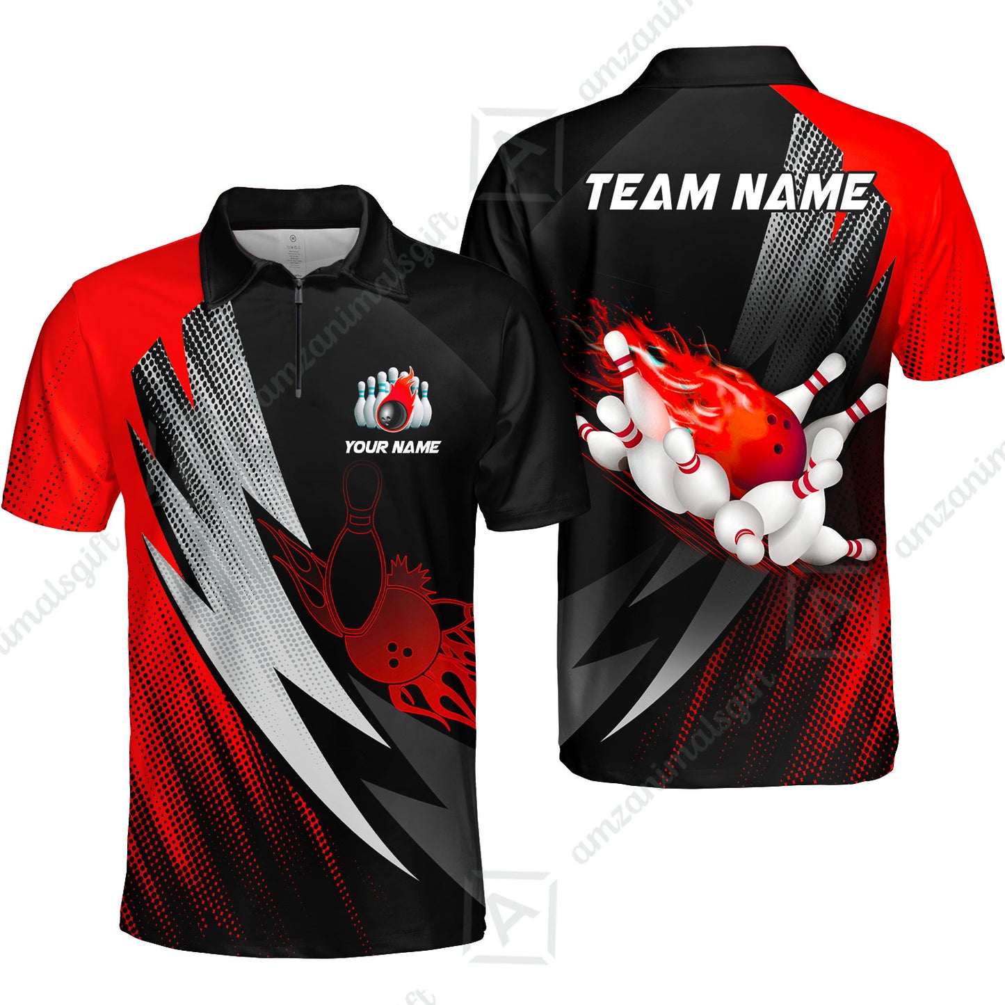 Customized Bowling Quater-Zip Polo Shirt, Bowling Ball And Pins Thunder Polka Dot Motifs Multicolor Option Customized Name And Team Polo Shirts
