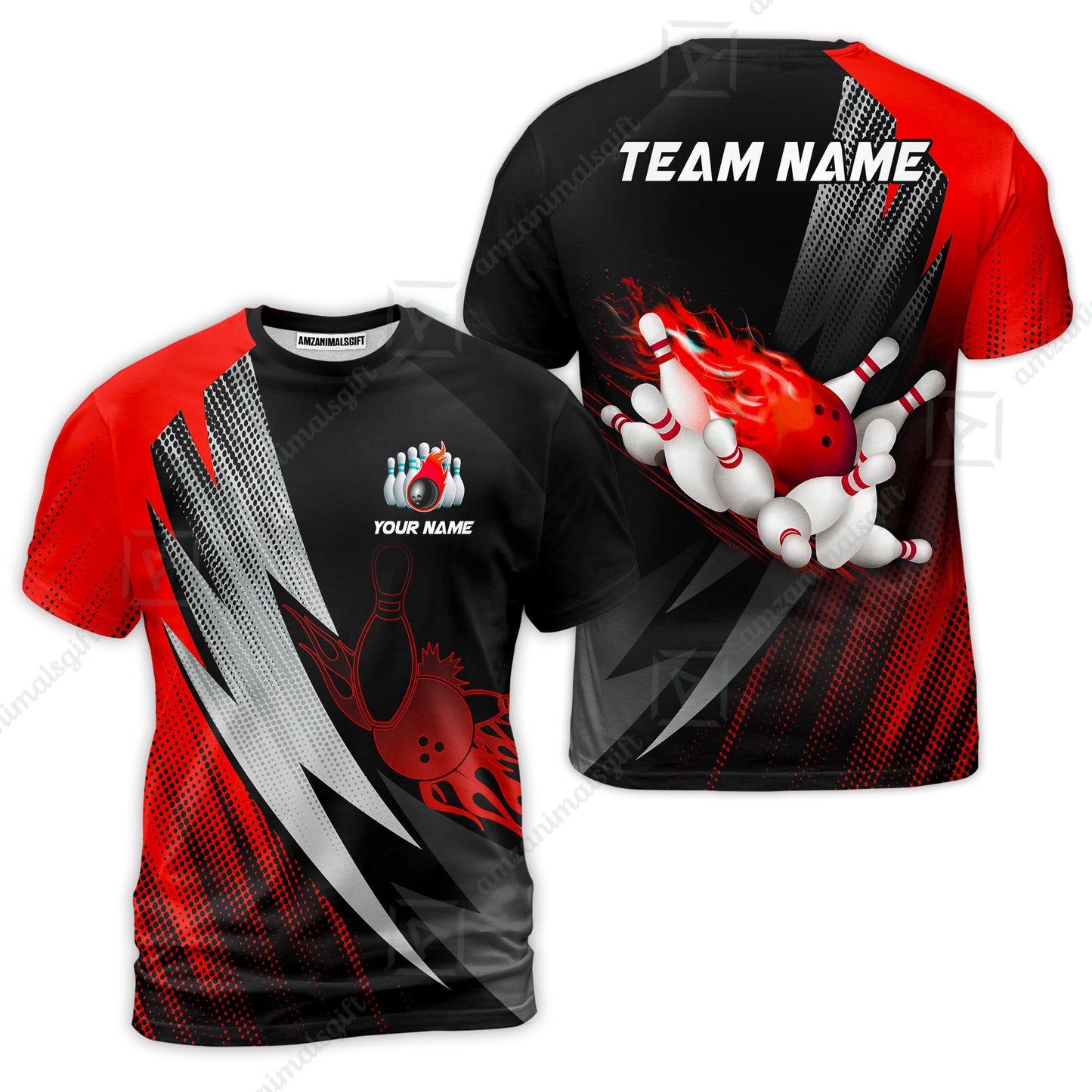 Customized Bowling T-Shirt, Bowling Ball And Pins Thunder Polka Dot Motifs Multicolor Option Customized Name And Team Polo Shirts