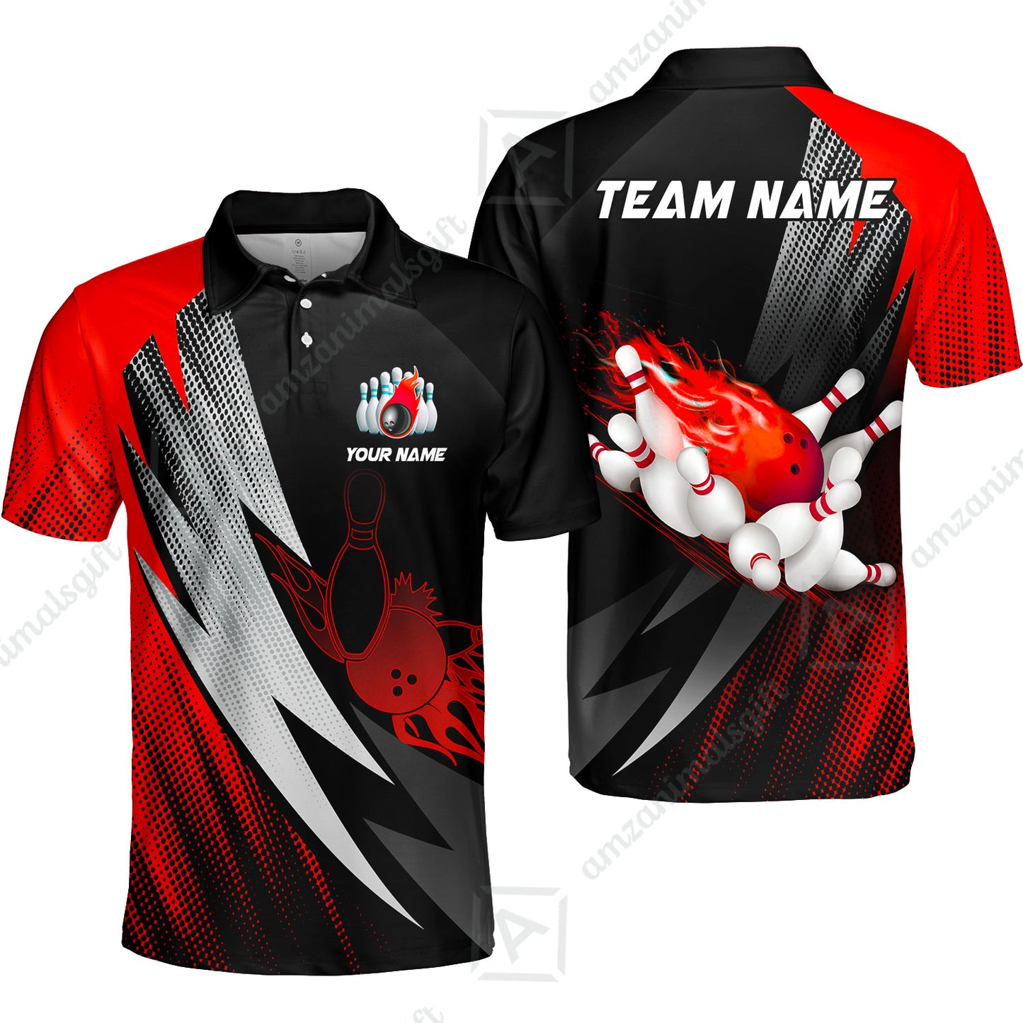 Customized Bowling Unisex Polo Shirt, Bowling Ball And Pins Thunder Polka Dot Motifs Multicolor Option Customized Name And Team Polo Shirts