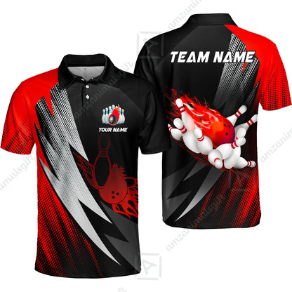 Customized Bowling Unisex Polo Shirt, Bowling Ball And Pins Thunder Polka Dot Motifs Multicolor Option Customized Name And Team Polo Shirts