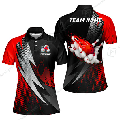 Customized Bowling Women Polo Shirt, Bowling Ball And Pins Thunder Polka Dot Motifs Multicolor Option Customized Name And Team Polo Shirts